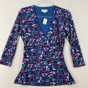 New Ann Taylor Loft Small Blue Purple Floral Wrap Mesh Blouse Top Y2K Inpired